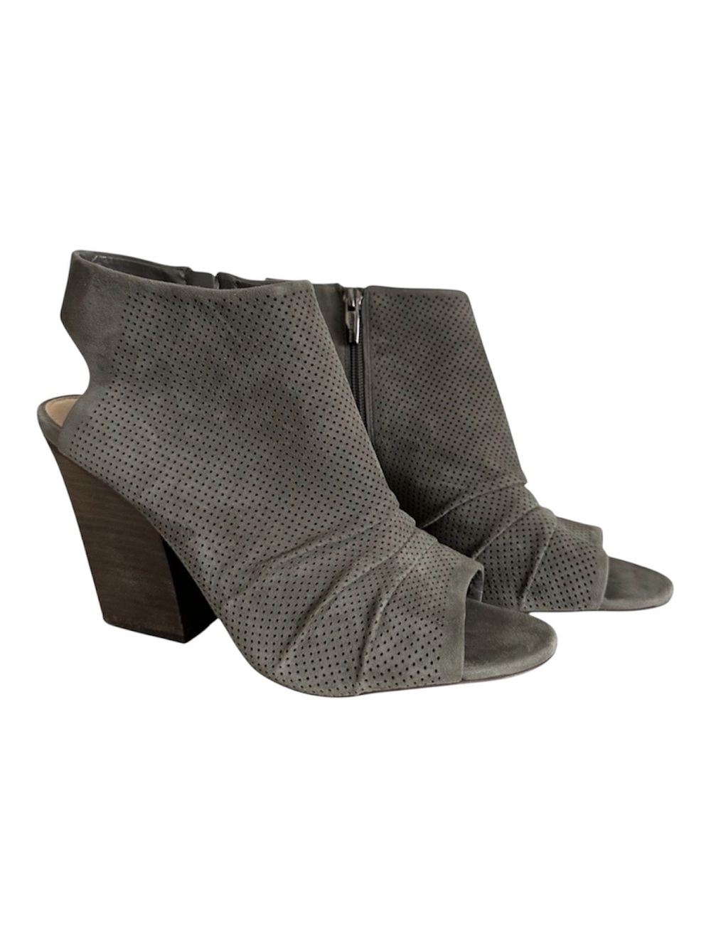 Vince Camuto Suede Stacked Heel Bootie with Open Toe Sling Back Side Zip…